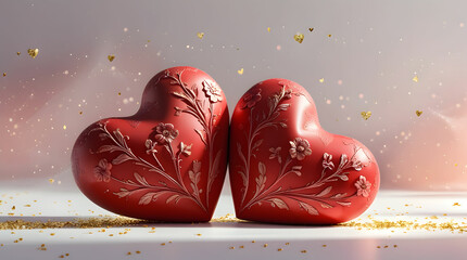 Two red heart shapes on abstract background.