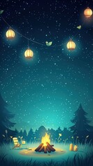 Naklejka premium Birthday camping adventure under starry skies with lanterns and campfire serene forest setting magical night experience