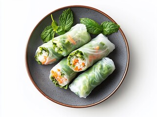 Three fresh spring rolls on a plate, garnished with mint leaves.