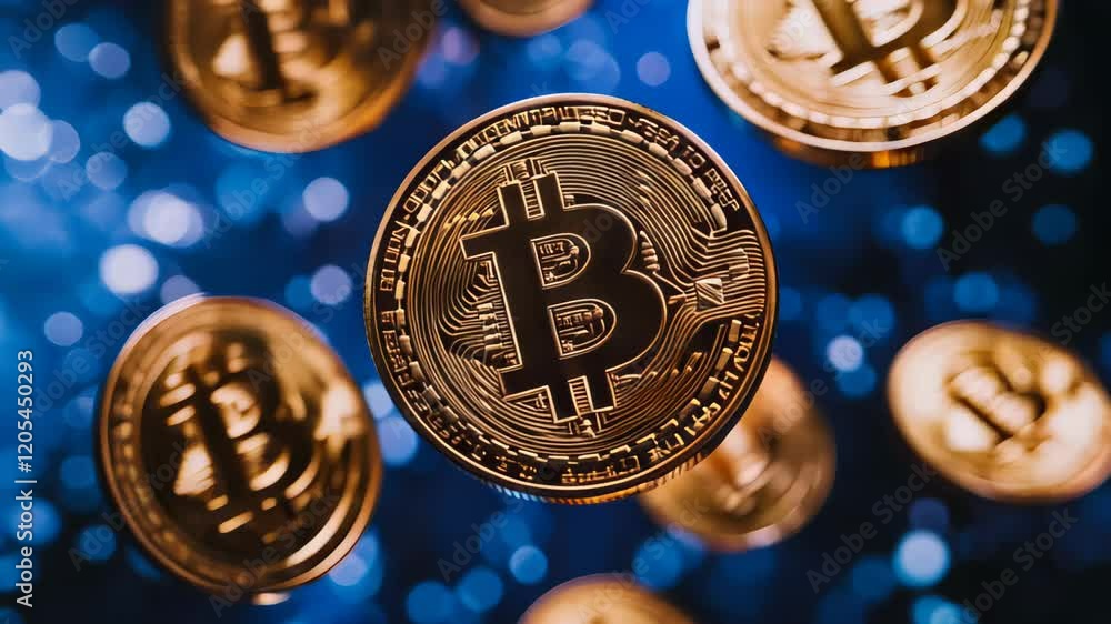 Poster multiple bitcoin cryptocurrency coins are falling against a blurred blue bokeh background, represent
