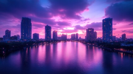 Naklejka premium Cityscape sunset reflection, waterfront, purple sky, urban, travel