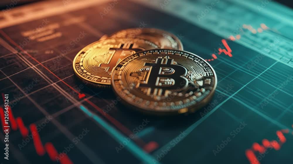 Poster Gold bitcoin coins are placed on a digital screen displaying red falling lines of a financial chart, representing investment losses in the cryptocurrency market