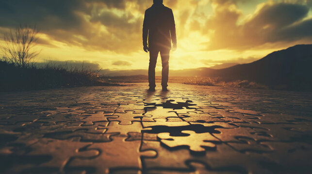A man stands on the ground with puzzle pieces, gazing at the sunset in the background. An open road made up entirely of jigsaw puzzle pieces, representing life's journey and personal growth.