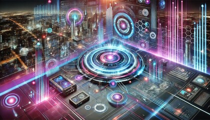 Obraz premium Futuristic Neon Technology with Holographic Interface