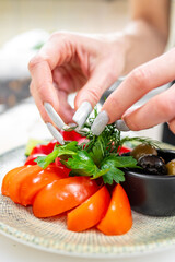 A close-up of hands arranging fresh vegetables, including sliced red tomatoes and green herbs, on a decorative plate. The vibrant colors and careful presentation highlight culinary artistry.