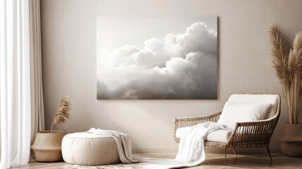 Modern minimalist cloud wall art with abstract cloud shapes and soft gradients, styled in a neutral-toned bedroom for a contemporary look