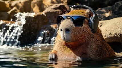 Portrait of a happy cute capybara in sunglasses and headphones while relaxing at the zoo on sunny day	