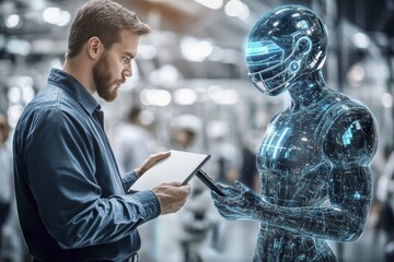 Human and futuristic robot analyzing data together in a technological environment