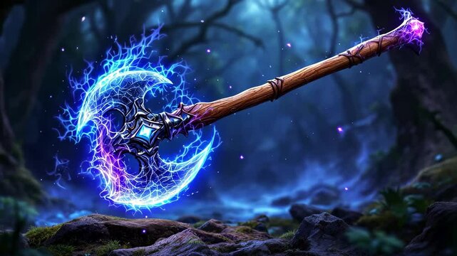 A mystical double sided battle axe glowing with electric energy in a magical forest setting.