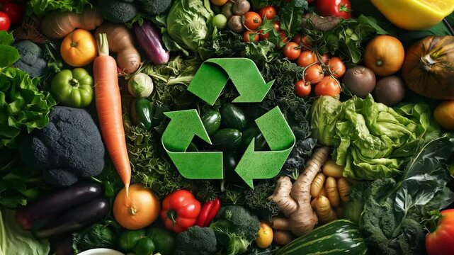 A variety of fresh organic vegetables and fruits arranged around a green recycling symbol	