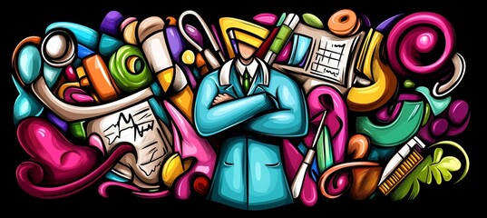 Colorful doodle illustration of a doctor surrounded by medical supplies and equipment.