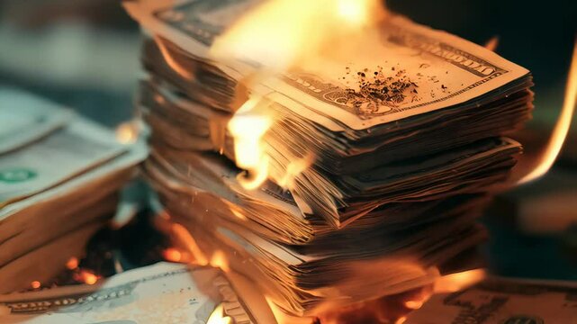 Thick stacks of dollar bills burning fiercely illustrate financial loss and economic downturn, symbolizing the destruction of wealth and the impact of fiscal instability