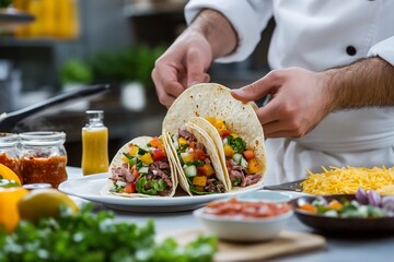 Chef preparing delicious tacos with meat, vegetables, and tortillas.
