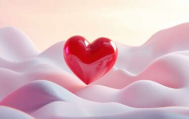 A glossy red 3D heart floating above a gradient white-to-light-pink background with soft shadows