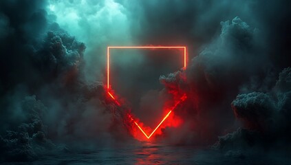 Glowing neon frame in dark smoky cloudscape.