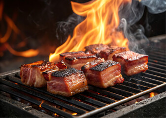 National bacon burnt end day celebration with close-up of sizzling grilled bacon.