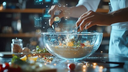 Chef's hands mixing ingredients in a glass bowl with futuristic holographic data overlay.