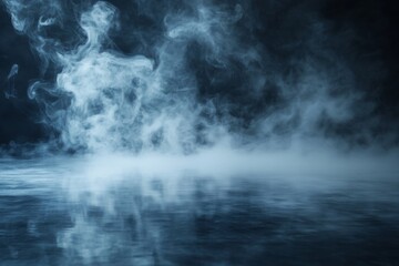 Abstract dark background with white smoke and reflection on a wet surface.