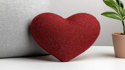 Romantic Heart-Shaped Pillow on a Minimalistic Table with a Plant and Soft Background