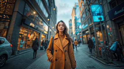 Obraz premium Portrait of a young Asian woman walking to work on the avenue of a large city