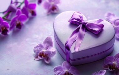 A lavender heart-shaped gift box with a shiny purple bow, surrounded by violet orchids on a soft pastel lavender background for Valentines Day and 8 March