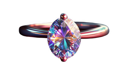 A stunning ring featuring a vibrant, multicolored pear-shaped gemstone set in a sleek band, showcasing a modern design with glowing highlights.