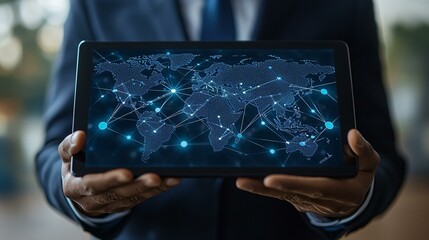A businessman holding a tablet showing a global map with interconnecting network lines, representing business expansion and outsourcing