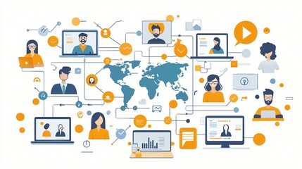 Fototapeta premium A creative digital concept displaying the interconnectedness of global business networks, HR recruitment processes, and customer relationship management