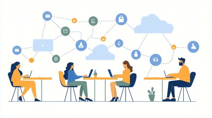 A network of interconnected people and technology, symbolizing global business, teamwork, and customer service, shown on digital devices