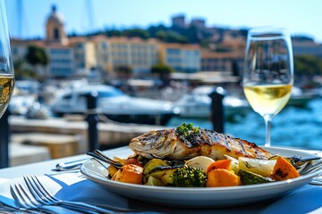 Grilled fish with vegetables, served outdoors by the sea.