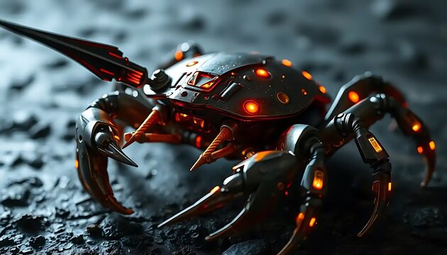 Cybernetic Crab Robot Stands on Dark Surface