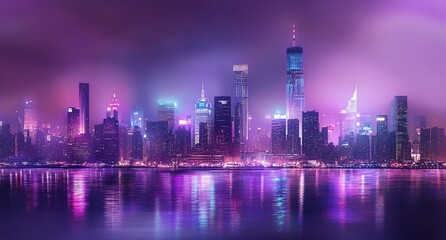 Obraz premium Vibrant purple and pink cityscape skyline at night, reflecting on calm water.