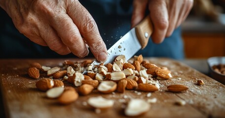 Close-up of hands chopping almonds on a wooden board. (1)