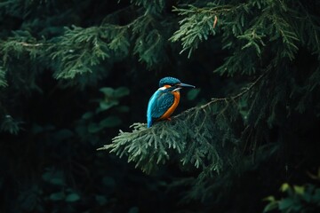 Vibrant kingfisher perched on lush green pine branch.