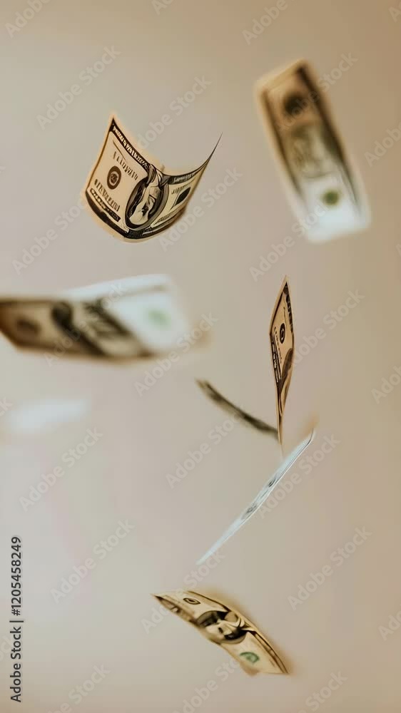 Poster several one hundred dollar bills are falling through the air against a light brown background. creat
