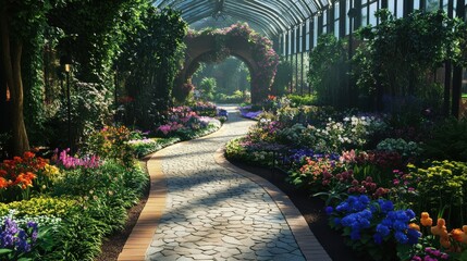 Naklejka premium Lush Greenhouse Pathway Surrounded by Colorful Flower Gardens