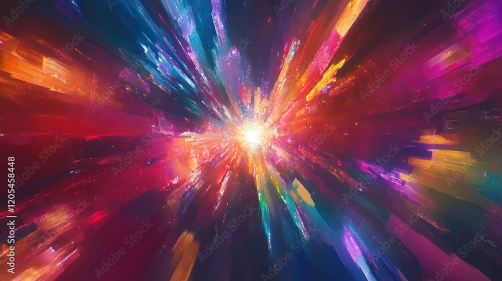 Poster a mesmerizing abstract explosion of colorful shapes converging toward a central point of light