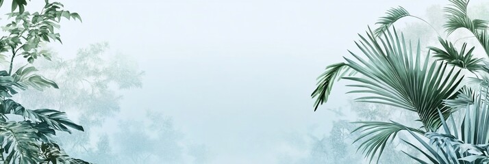 Serene misty tropical foliage with palm and leafy plants.