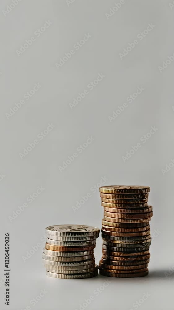 Poster two stacks of coins standing on a white surface represent saving, investment, and financial growth, 