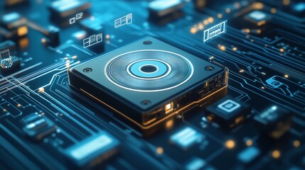 Close-up of a futuristic computer chip with a central circular element, embedded within a complex circuit board, glowing with blue light.