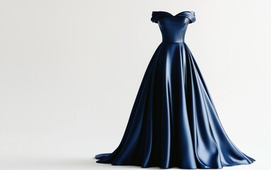 Naklejka premium A single navy blue satin gown with an off-shoulder neckline and a fitted waist on a clean white background