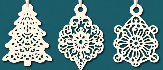 Elegant White Christmas Ornaments Hanging Against Teal