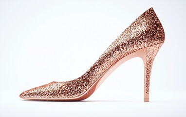 Obraz premium A single rose gold high heel with a glittering texture and slim silhouette on a clean white background