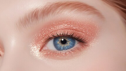 Obraz premium Closeup Glittery Peach Eyeshadow Makeup Blue Eye