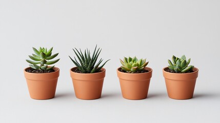 Fototapeta premium Four Succulents in Terracotta Pots Minimalist Plant Arrangement