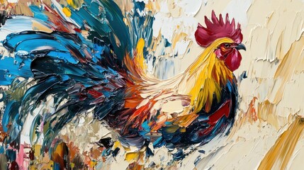 Fototapeta premium Colorful rooster painting, vibrant plumage, rural scene, impasto style, home decor