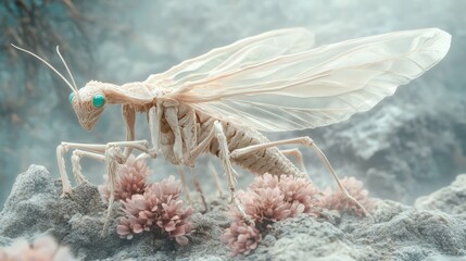 A praying mantis is standing on a flower.