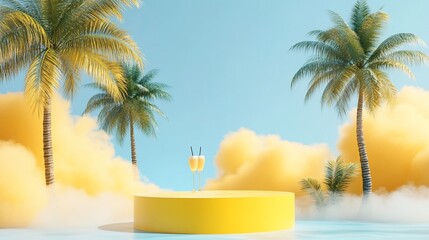 Obraz premium Two champagne glasses on yellow platform amidst pastel clouds and palm trees.