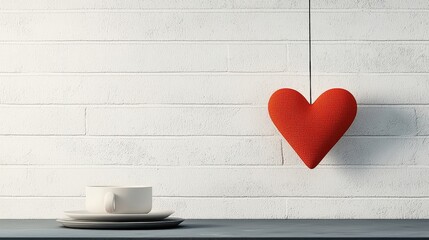 Heart Decoration Hanging on a White Brick Wall Near a Minimalist Cup and Plate