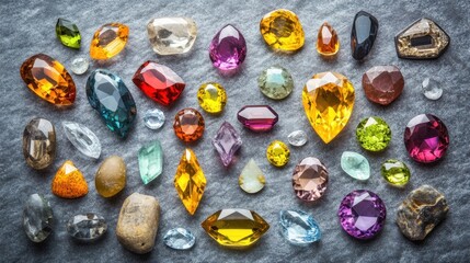 Fototapeta premium Assorted gemstones in various hues and cuts on a minimalist gray stone-textured background